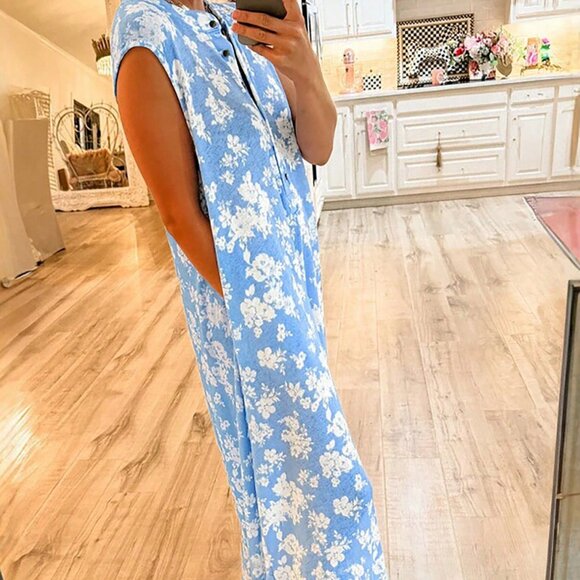 Blue Boho Women's Forget-Me-Not Print Wide Leg Sleeveless Jumpsuit - Picture 2 of 8